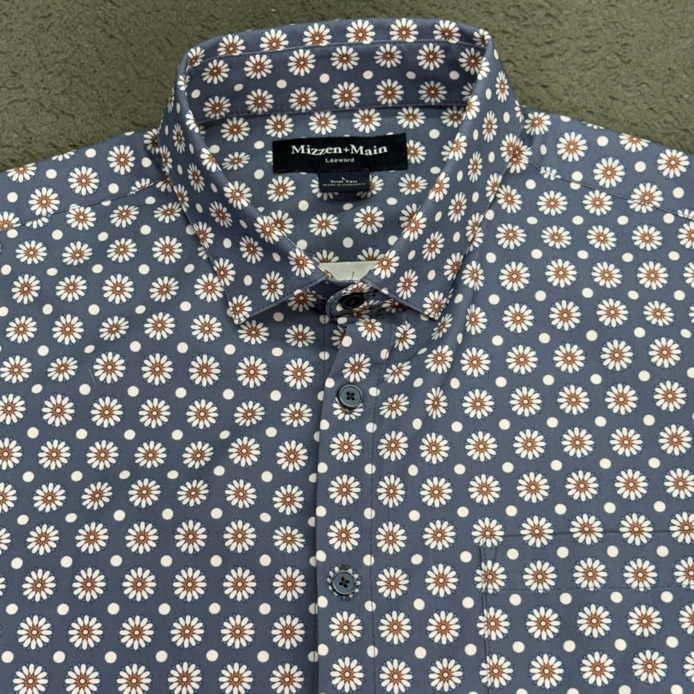 Mizzen+Main Leeward Shirt Mens L Blue Floral Polka Dot Short Sleeve Trim Tall